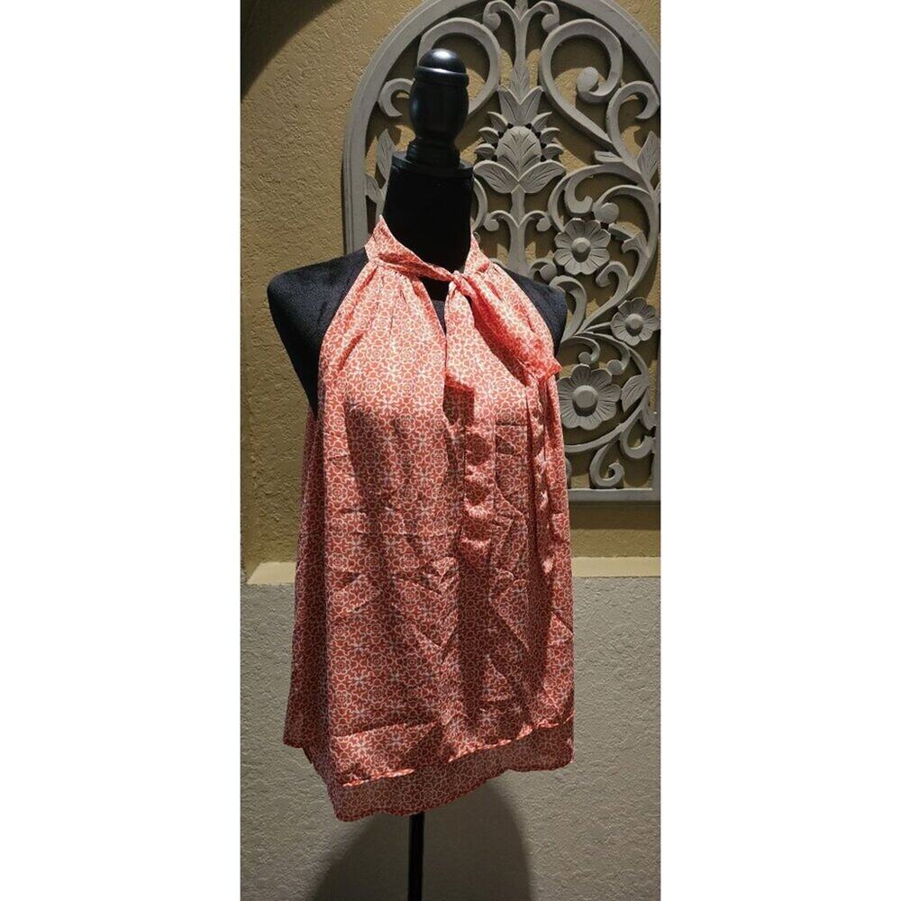 Banana Republic Size L Orange & White Keyhole Floral Halter Blouse